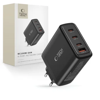 Tech-Protect NC100W-GAN Wall Charger GaN 3x USB-C PD 100W / USB-A QC 3.0 - Black