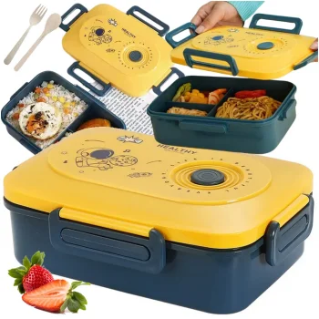 Green Lunch Box with 3 Compartments and Cutlery