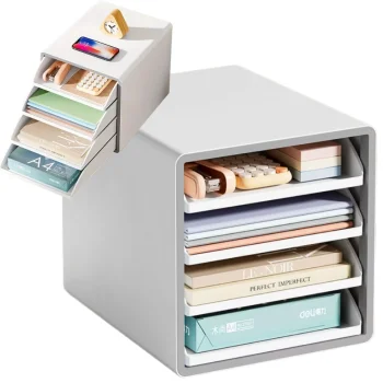 Desk Organizer with 4 Drawers, A4 Document Holder, White