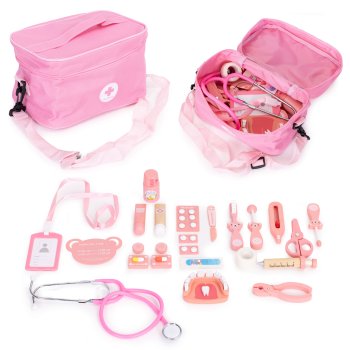 ECOTOYS Wooden Doctor Kit for Kids, 24-Piece Medical Playset with Carry Bag