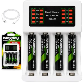 Maxday AA/AAA Battery Charger with LED Indicator + 4x AAA Batteries, USB-C, White