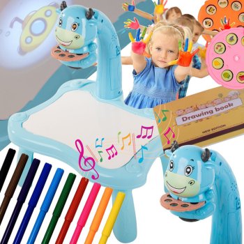 Children’s drawing projector with table and markers, blue