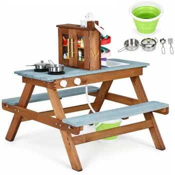 ECOTOYS wooden mud kitchen with picnic table, benches and water pump