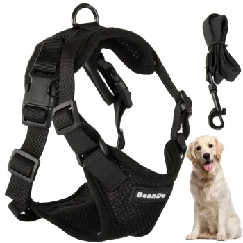 Dog Harness with Leash, Reflective, Size XL, Black