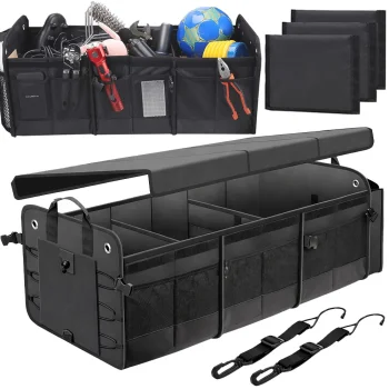 Large Car Trunk Organizer, Foldable with Pockets and Straps, Black