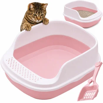 Open Cat Litter Box with Frame and Scoop, 48x38x19 cm, Pink