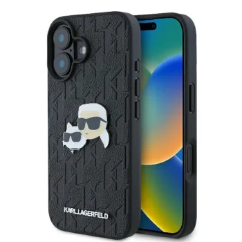 Apple iPhone 16 Plus 6.7'' Karl Lagerfeld Monogram Karl & Choupette Head Pin Cover Case, Black