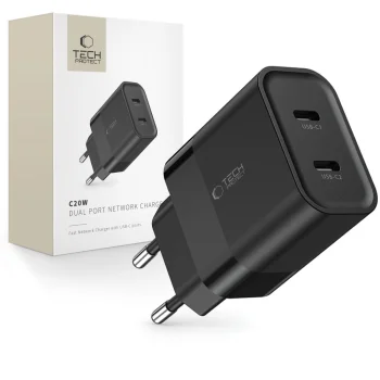 Tech-Protect C20W Wall Charger 2x USB-C PD 20W - Black