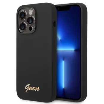 Guess iPhone 14 Pro Max Case Silicone Vintage Gold Logo, Black