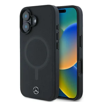 Mercedes iPhone 16 Case Plain Smooth Leather MagSafe, Black