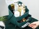 Large Portable Makeup Organizer with Drawers and Handle, Green and Gold