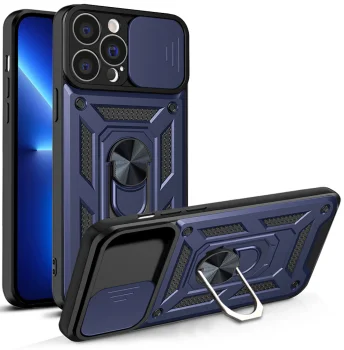Hybrid Armor Camshield dėklas iPhone 13 Pro su kameros dangteliu ir žiedu, mėlynas