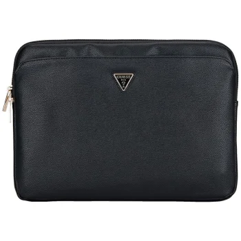 Guess Sleeve Grained Zipper Pocket Triangle Logo 14" Laptop Bag - Black