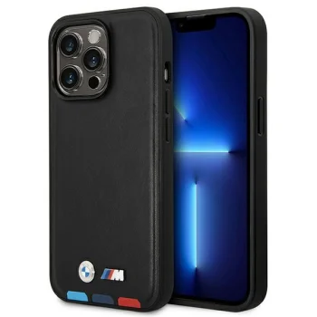 BMW iPhone 14 Pro Max Case Leather Stamp Tricolor MagSafe Black