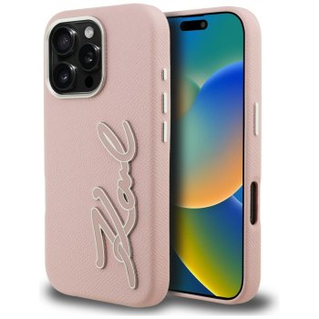 Karl Lagerfeld FW Grained Signature Logo Case for iPhone 16 Pro Max, Pink