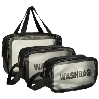 Set of 3 Clear Waterproof Travel Toiletry Bags, Makeup Organizer Pouches, Black