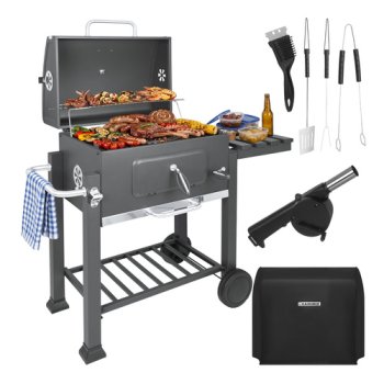 Charcoal BBQ Grill with Cover and Cast Iron Grate Kaminer, Black