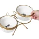 Ceramic Pet Bowl Set on Stand for Cats and Dogs, 2x300ml, White/Gold
