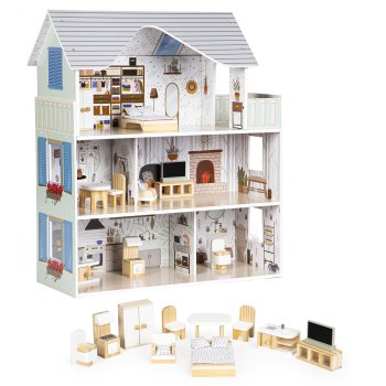 Emma Wooden Dollhouse with 10 Furniture Pieces, 3 Levels by ECOTOYS