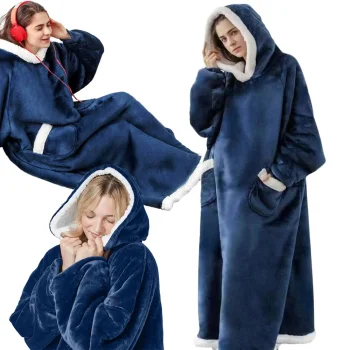 Warm Oversized Hoodie Blanket, Soft Wearable Robe with Hood, Navy Blue