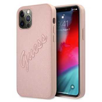 Apple iPhone 12 Pro Max 6.7'' Guess Saffiano Vintage Script Case Cover (GUHCP12LRSAVSRG), Pink