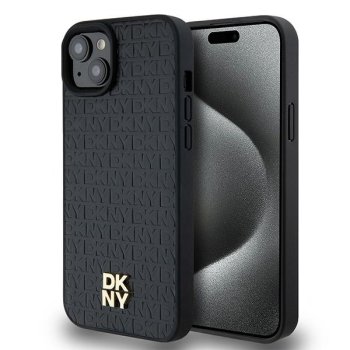 Apple iPhone 15 Plus 6.7'' DKNY Leather Monogram Pattern Metal Logo MagSafe Case Cover, Black