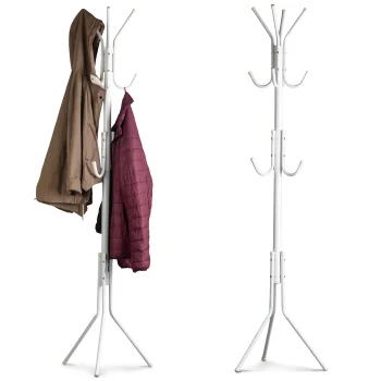 ModernHome Standing Coat Rack with 11 Hooks for Clothes, Metal, white