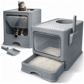 Large Enclosed Cat Litter Box with Drawer and Scoop, Foldable, Grey
