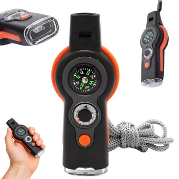 Multifunctional Survival Whistle with Compass, Flashlight and Thermometer, Black/Orange