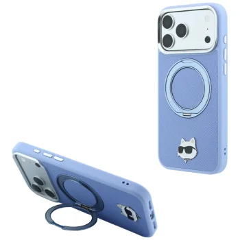 Dėklas Karl Lagerfeld iPhone 18 Pro / 17 Pro Ring Stand 360 Choupette MagSafe, šviesiai mėlynas