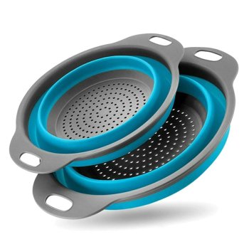 Foldable Kitchen Silicone Colander Collapsible Fruit Vegetable Washing Basket Strainer, Set of 2 pcs, Blue