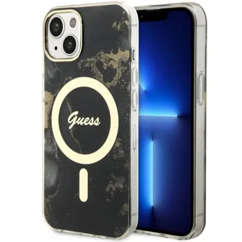 Guess iPhone 14 Case IML Golden Marble MagSafe, Black