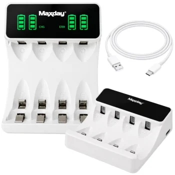 Maxday C704Y4 AA/AAA Battery Charger with LCD Display and USB-C, White