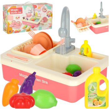 Kids sink with real running water and kitchen accessories, 15 pcs, pink