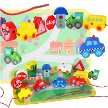 Wooden Lacing Blocks with Playmat and Vehicles KX2939