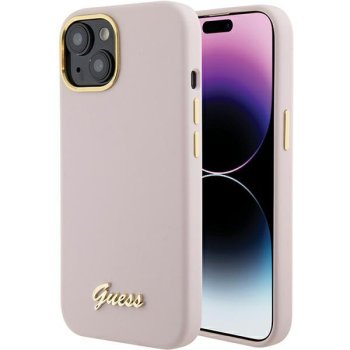Apple iPhone 15 6.1'' Guess Silicone Script Metal Logo Case Cover, Pink