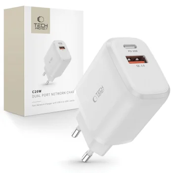 Tech-Protect C20W Wall Charger USB-C PD 20W / USB-A QC 3.0 - White