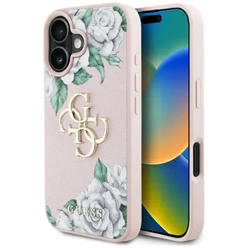 Dėklas Guess Grained Roses Big 4G logo telefonui iPhone 16 6.1", rausvas