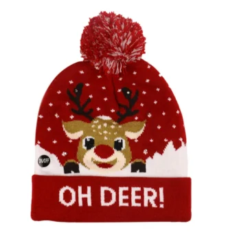 LED Christmas Beanie Hat with Reindeer Pattern