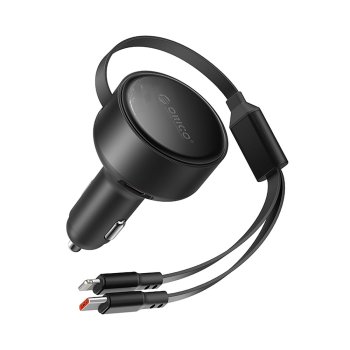Orico Dual Stretch 60W Car Charger with Retractable USB-C & Lightning Cables, Black