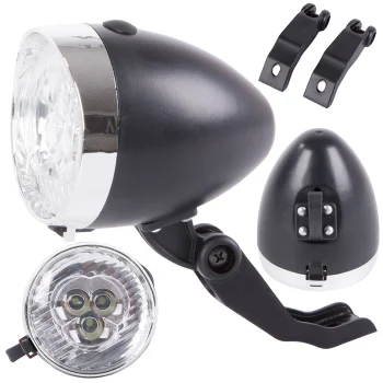 Retro Front Bicycle Light 3 LED, Black with Chrome
