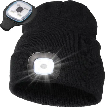 Winter/Autumn Beanie with Built-in LED Flashlight, USB Charging, 3 Modes, Black