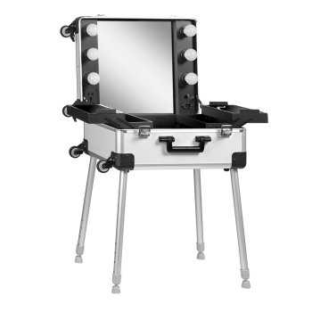 KUFER Professional Table/Suitcase for Makeup Cosmetic Artist with Mirror and LED Lighting T-27, silver