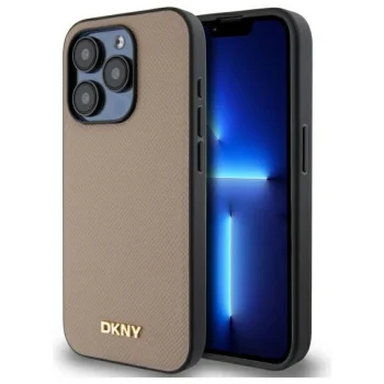 DKNY iPhone 15 Pro Max Case Grained Metal Logo MagSafe, Beige