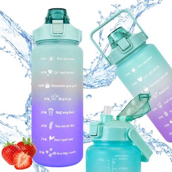 Motivational Water Bottle with Straw 2000 ml, Blue-Purple