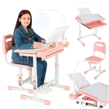 Kids Adjustable Desk and Chair Set with USB LED Lamp, Pink