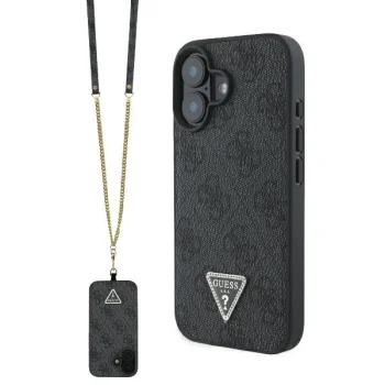 Guess iPhone 16 Case Leather Metal Logo Strass Crossbody, Black