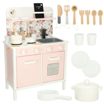 Children's Wooden MDF Kitchen Lulilo FLoro with Dishes 82cm, Pink
