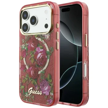 Guess IML Glitter Blossom Roses Case for iPhone 17/18 Pro Max, MagSafe, Burgundy