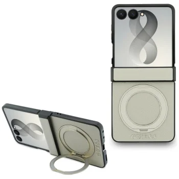 Guess Magnetic Ring Stand Grained Classic Logo MagSafe Case for Samsung Galaxy Z Flip 8, Beige